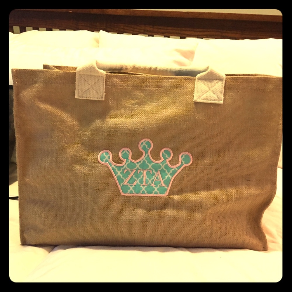 Burlap tote bag monogrammed ZTA